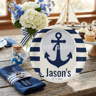 Nautical Navy Blue White Stripe Anchor Baby Shower Paper Plate