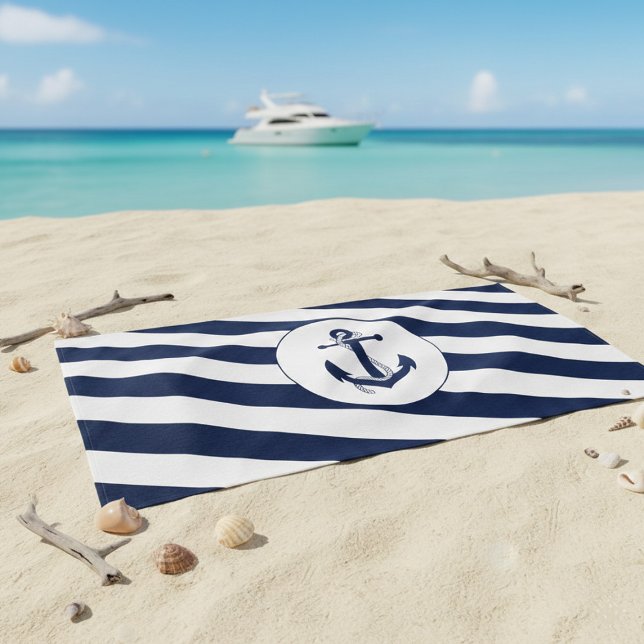 Nautical Navy Blue & White Stripe Anchor Beach Towel (Creator Uploaded)