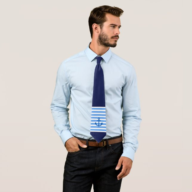 Nautical Navy Blue & White Stripe Anchor Pattern  Tie (In Situ)