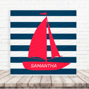Nautical Navy Blue White Stripe Red Boat Monogram Canvas Print