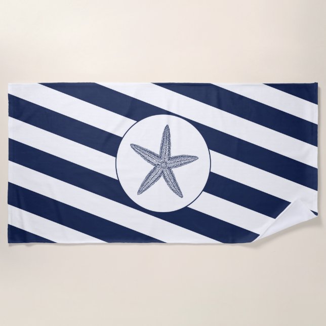 Nautical Navy Blue & White Stripe Starfish Beach Towel (Front)