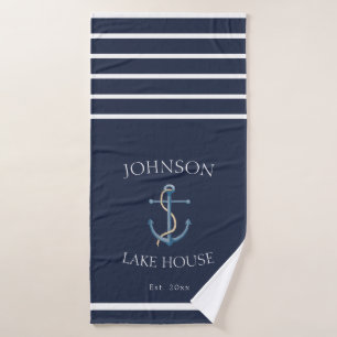 Nautical Navy Blue White Striped Anchor Bath Towel