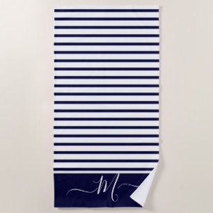 Nautical Navy Blue white Striped Monogram initial  Beach Towel