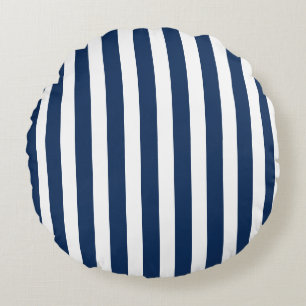 Nautical Navy Blue & White Striped  Round Pillow