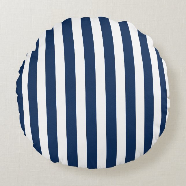 Nautical Navy Blue & White Striped  Round Pillow (Front)