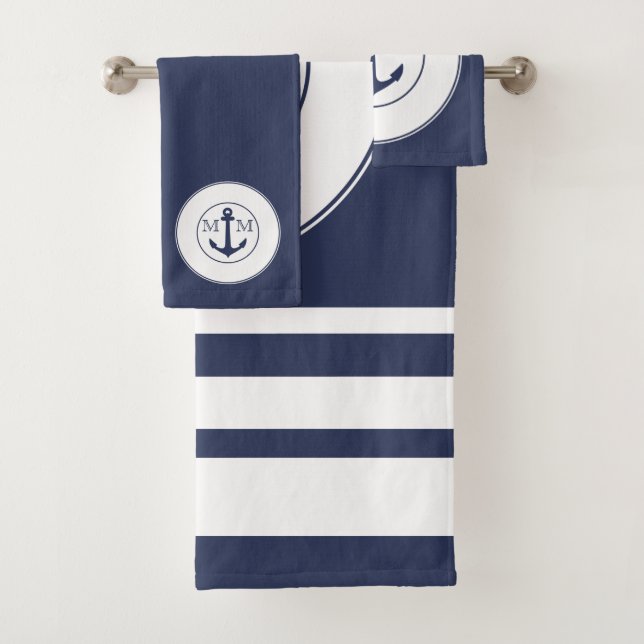 Nautical Navy Blue White Stripes Anchor Monogram Bath Towel Set (Insitu)