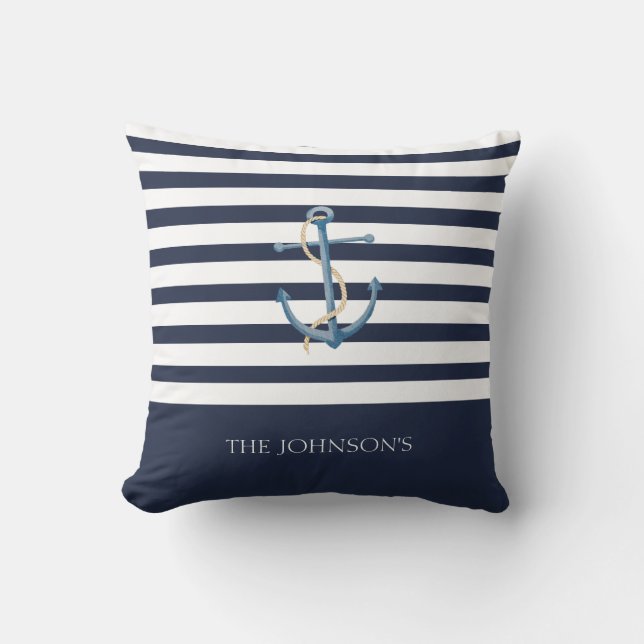 Nautical Navy Blue White Stripes Anchor Name Throw Pillow (Front)