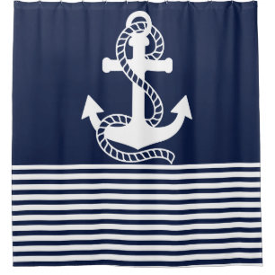 Nautical Navy Blue White Stripes and Blue Anchor