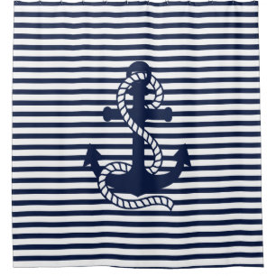 Nautical Navy Blue White Stripes and Blue Anchor