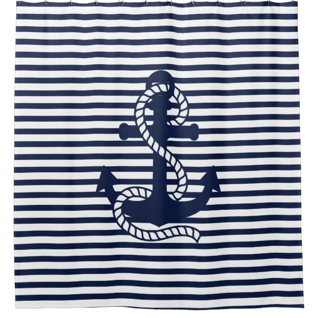 Nautical Navy Blue White Stripes and Blue Anchor (Front)