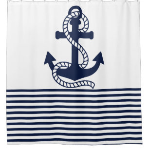 Nautical Navy Blue White Stripes and Blue Anchor