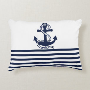 Nautical Navy blue White Stripes and Blue Anchor Decorative Pillow