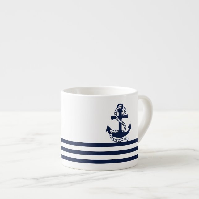 Nautical Navy Blue White Stripes and Blue Anchor Espresso Cup (Front Right)