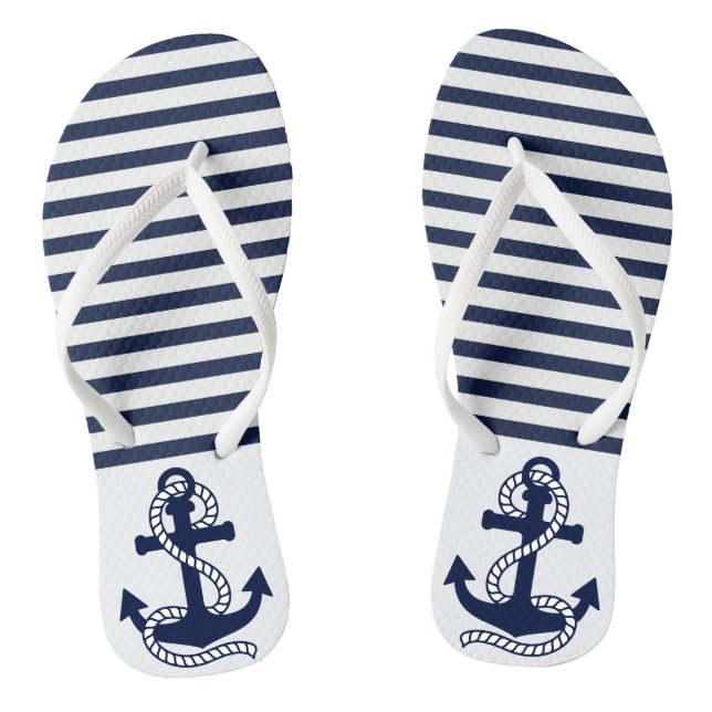 Nautical Navy Blue White Stripes and Blue Anchor Flip Flops (Footbed)