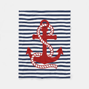 Nautical Navy blue White Stripes and Red Anchor Fleece Blanket
