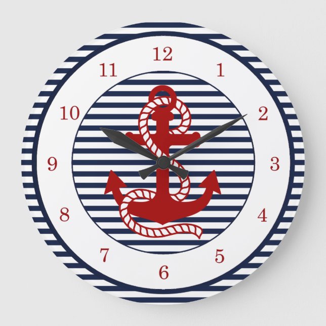 Nautical Navy Blue White Stripes and Red Anchor Large Clock (Front)