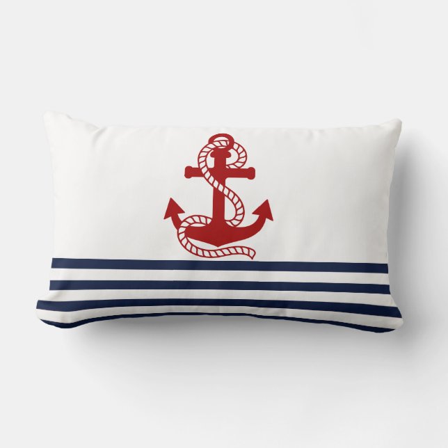 Nautical Navy blue White Stripes and Red Anchor Lumbar Pillow (Front)