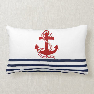 Nautical Navy blue White Stripes and Red Anchor Lumbar Pillow