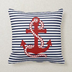 Nautical Navy blue White Stripes and Red Anchor Throw Pillow