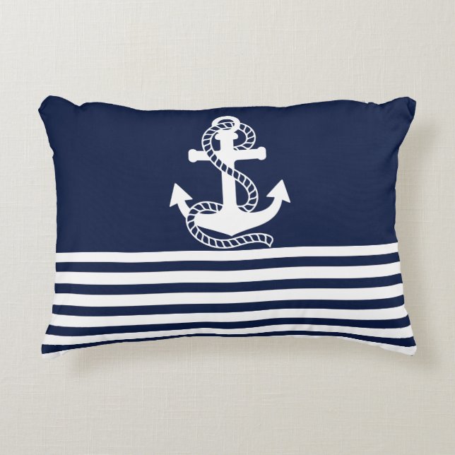 Nautical Navy blue White Stripes and White Anchor Accent Pillow (Front)