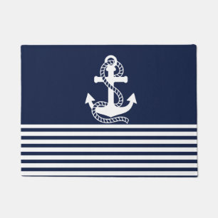 Nautical Navy Blue White Stripes and White Anchor Doormat
