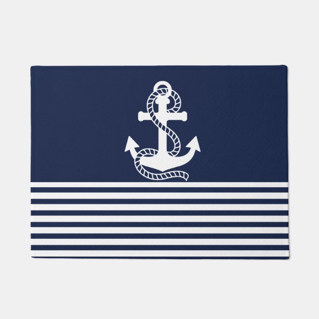 Nautical Navy Blue White Stripes and White Anchor Doormat (Front)