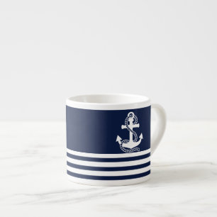 Nautical Navy Blue White Stripes and White Anchor Espresso Cup