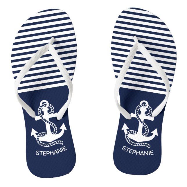 Nautical Navy blue White Stripes and White Anchor Flip Flops (Footbed)