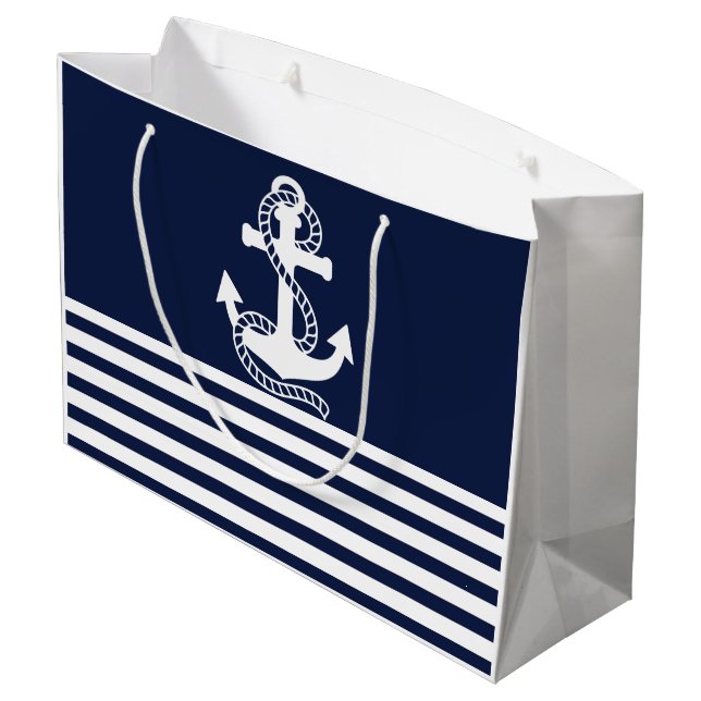 Nautical Navy blue White Stripes and White Anchor Large Gift Bag (Back Angled)