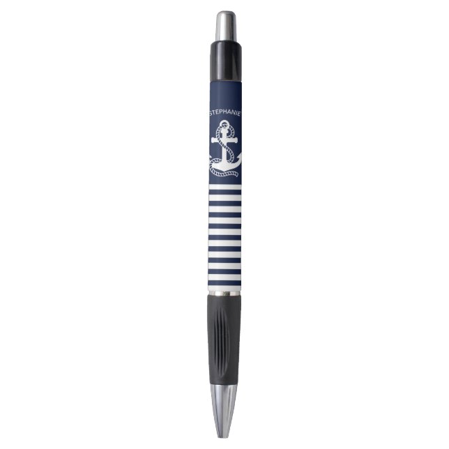 Nautical Navy blue White Stripes and White Anchor Pen (Front Vertical)