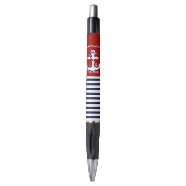 Nautical Navy blue White Stripes and White Anchor Pen (Front Vertical)