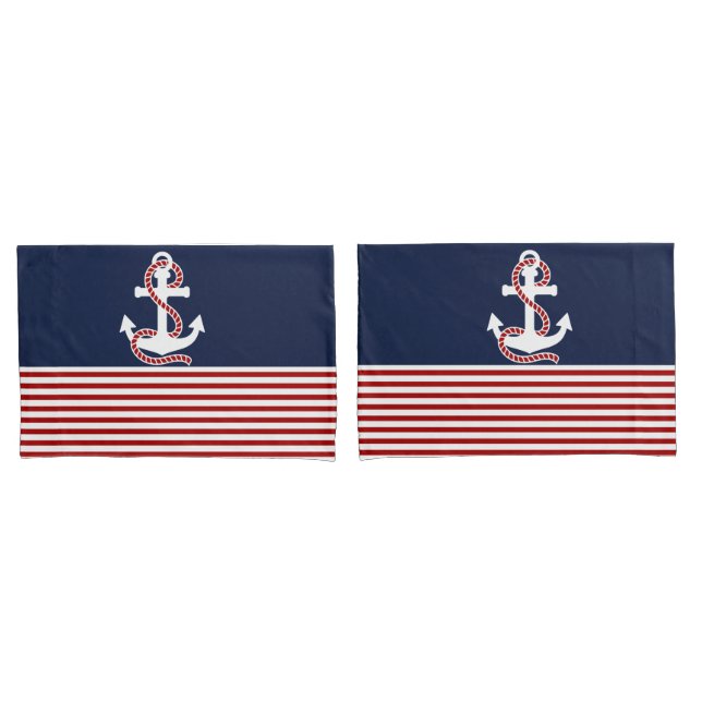 Nautical Navy blue White Stripes and White Anchor Pillowcase (Front-Set)