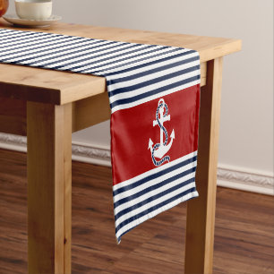 Nautical Navy Blue White Stripes and White Anchors Short Table Runner