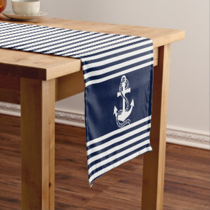 Nautical Navy Blue White Stripes and White Anchors Short Table Runner