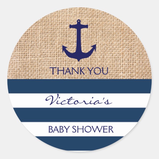 Nautical Navy Blue White Stripes Burlap Anchor Classic Round Sticker (Front)