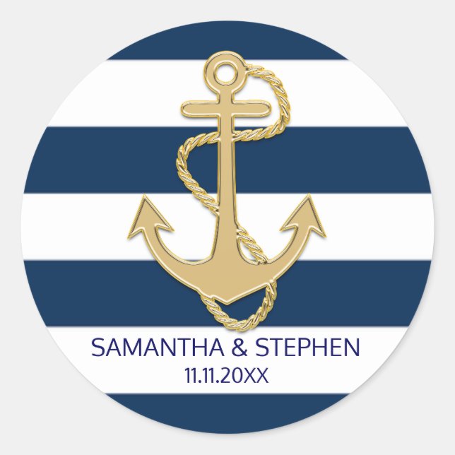 Nautical Navy Blue White Stripes Gold Anchor Classic Round Sticker (Front)