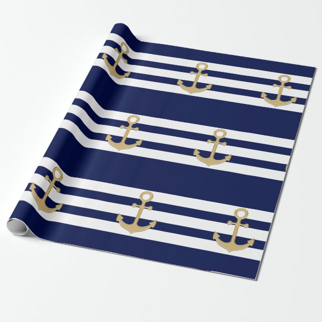 Nautical Navy Blue White Stripes Gold Anchor Wrapping Paper (Unrolled)