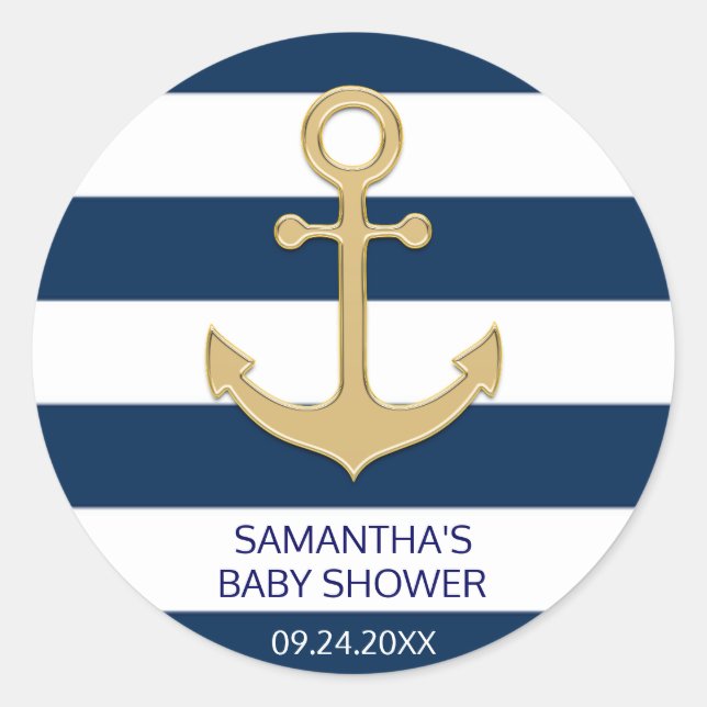 Nautical Navy Blue White Stripes Gold Baby Shower Classic Round Sticker (Front)