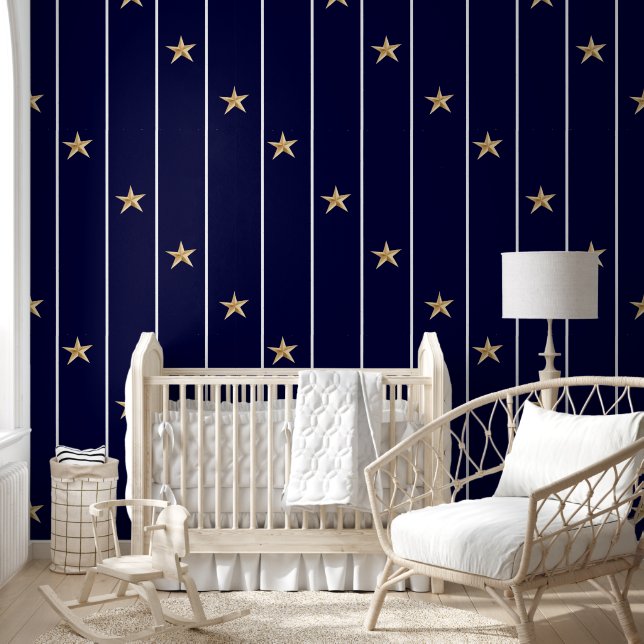 Nautical Navy Blue White  Stripes Gold Stars Wallpaper (Kids)
