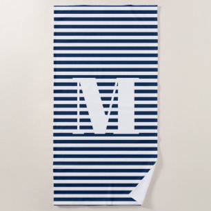Nautical navy blue white stripes monogram initial beach towel