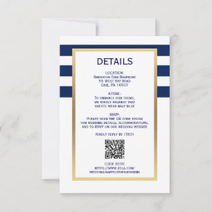 Nautical Navy Blue White Stripes QR CODE Wedding RSVP Card
