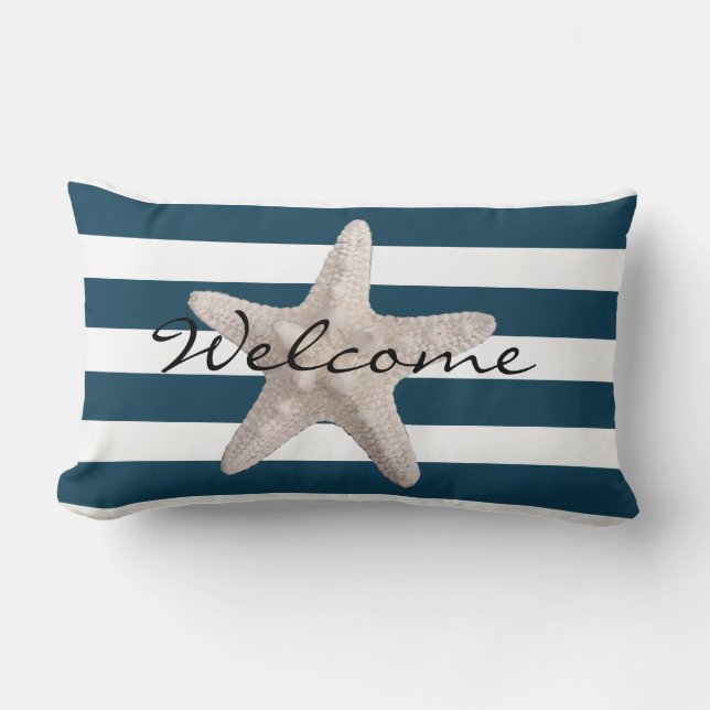 Nautical Navy Blue White Stripes Starfish Welcome Lumbar Pillow (Front)