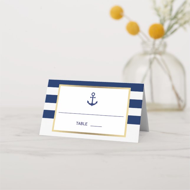Nautical Navy Blue White Stripes Wedding Place Card (Front)