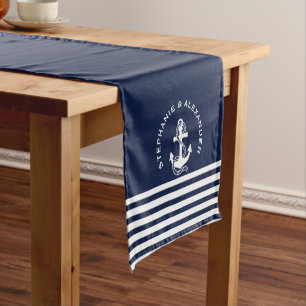 Nautical Navy Blue White Stripes &amp; White Anchors Short Table Runner