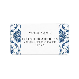 Nautical Navy Blue White Vintage Damask Pattern Label