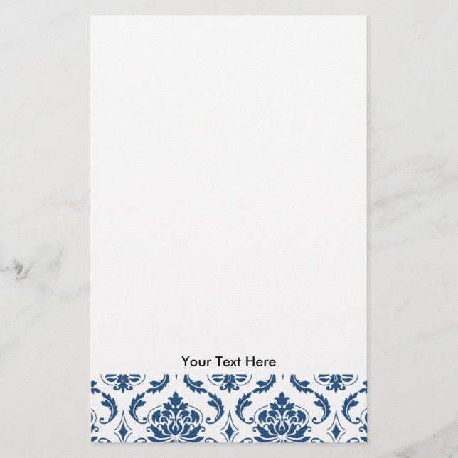 Nautical Navy Blue White Vintage Damask Pattern Stationery (Front)