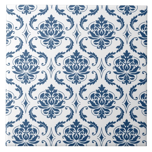 Nautical Navy Blue White Vintage Damask Pattern Tile (Front)
