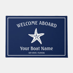 Nautical Navy Blue White Welcome Aboard Starfish Doormat