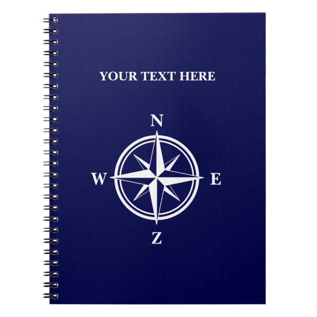 Nautical navy blue & white wind rose compass star  notebook (Front)