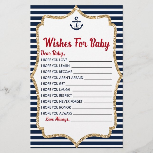 Nautical Navy Blue Wishes For Baby Shower Activity Stationery (Front)
